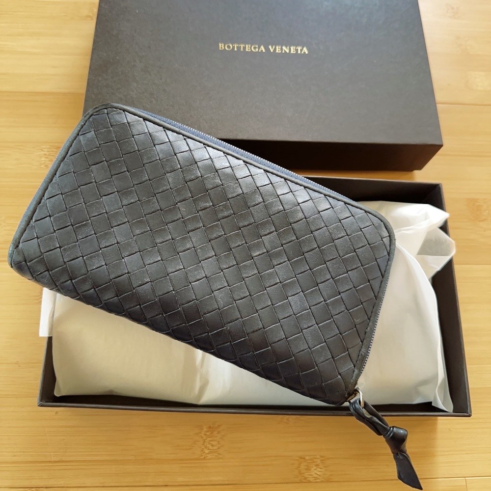 AUTH Navy/Blue Italy 🇮🇹 BOTTEGA VENETA Intrecciato Zip Around Wallet